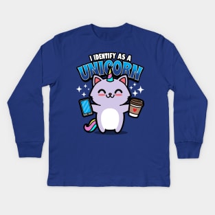 Cute Kawaii Coffee Lover Unicorn Techie Cat Funny Millennial Meme Kids Long Sleeve T-Shirt
